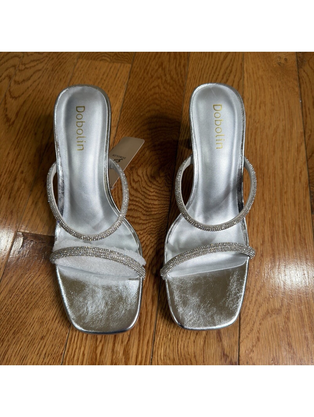 Dobolin Women's Silver Rhinestone Heeled Slide Sandals Size 9 Open Toe Mule - Picture 6 of 14